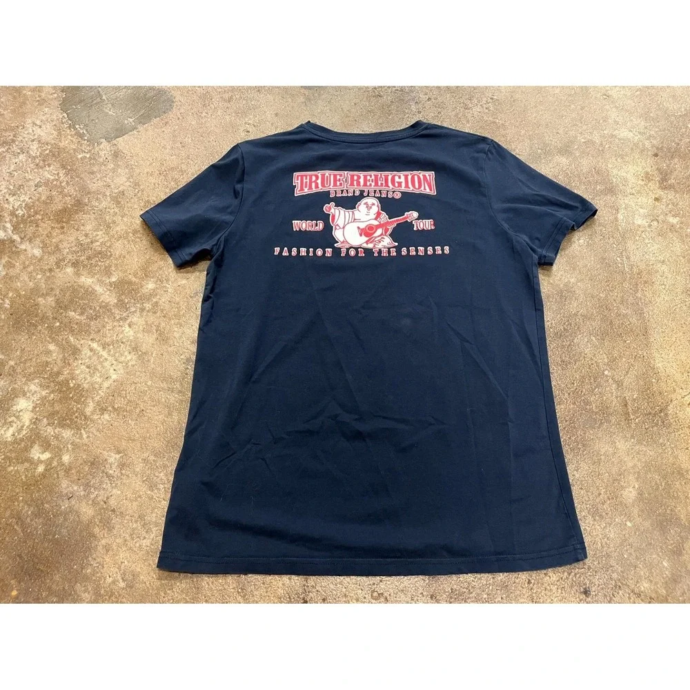 True Religion World Tour T Shirt Mens XL Blue Cotton Buddha Graphic Horseshoe‎
